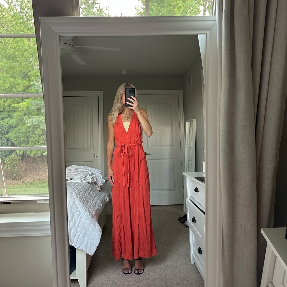 Free People Orange/Red Pretty Simple Utility Jumpsuit
